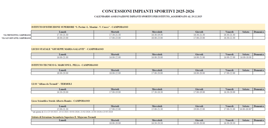 Calendario asegnazione impianti sportivi per istituto aggiornato al 10-11-2025