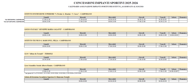 Calendario asegnazione impianti sportivi per istituto aggiornato al 02.02.2026