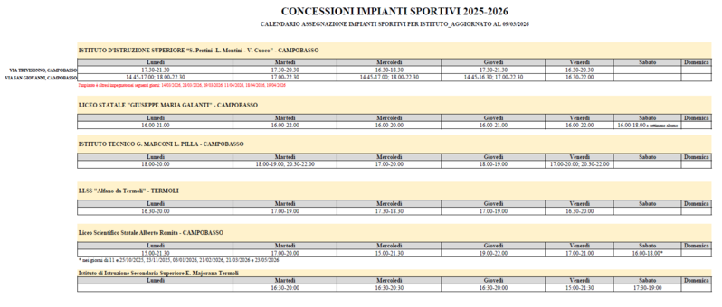 Calendario asegnazione impianti sportivi per istituto aggiornato al 09.03.2026