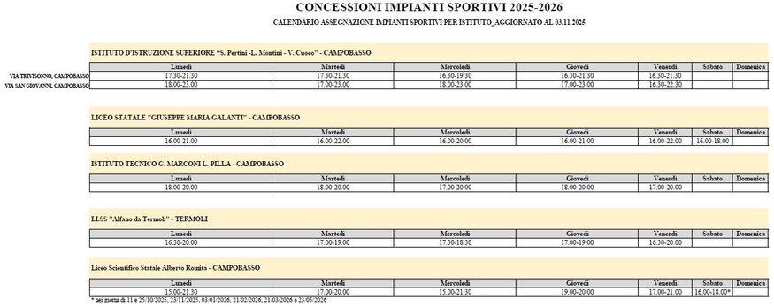 Calendario asegnazione impianti sportivi per istituto aggiornato al 03-11-2025